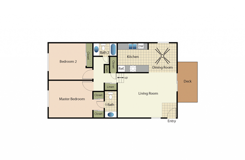 Floor plan for 2 beds, 1.5 baths, 1000 sqft